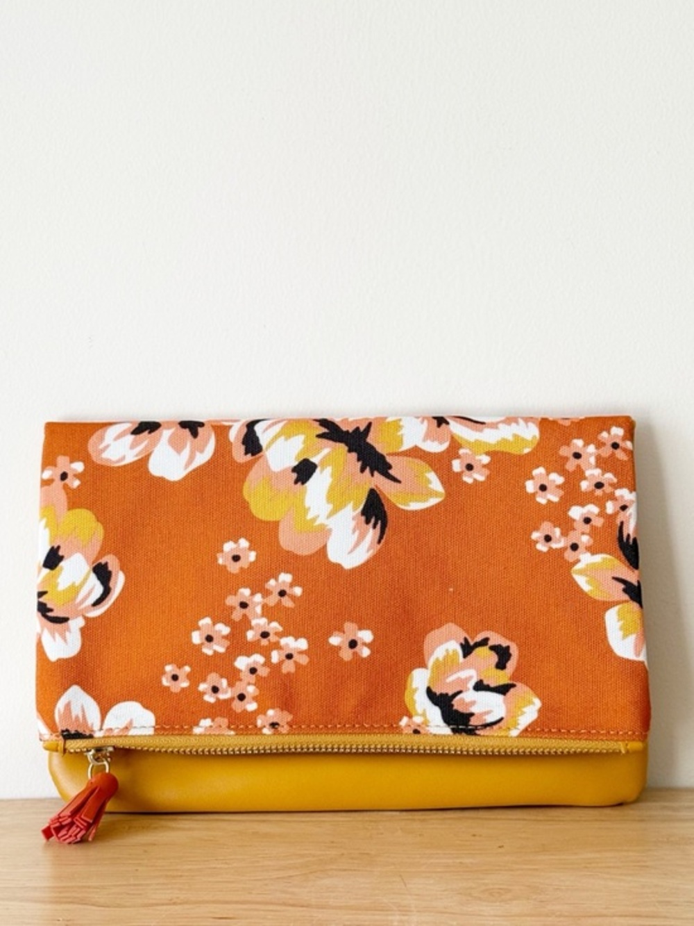 Rachel Pally Orange Floral Foldover Vegan Leather Tassel Clutch Pouch Handbag